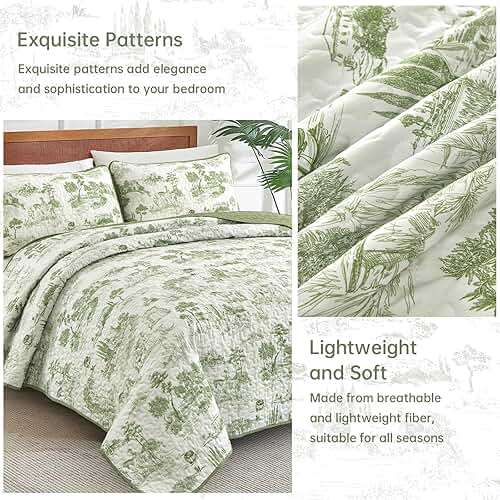 Drucon Sage Green Farmhouse Quilt Set King Size, Spring Toile Rustic Bedspreads, 3 Pieces Village Landscape Printed Coverlet, Soft Microfiber Quilt Bedding Set for All Season (106x90 Inch) - Image 5