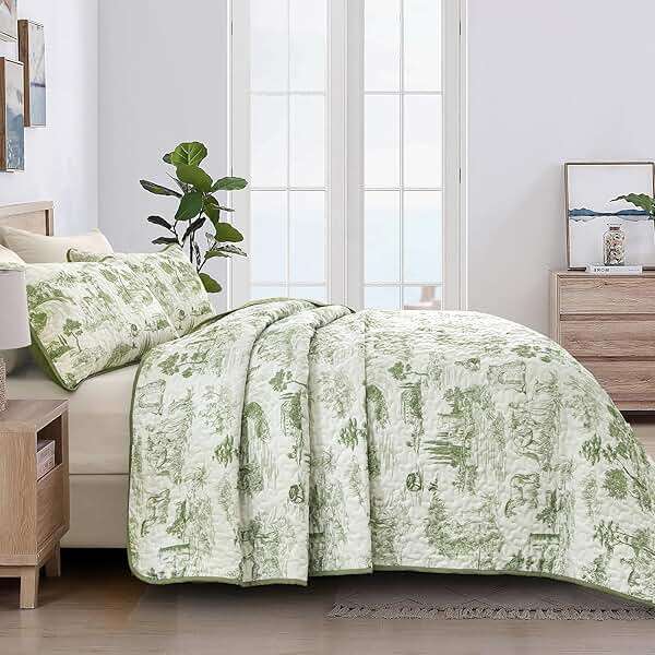 Drucon Sage Green Farmhouse Quilt Set King Size, Spring Toile Rustic Bedspreads, 3 Pieces Village Landscape Printed Coverlet, Soft Microfiber Quilt Bedding Set for All Season (106x90 Inch) - Image 6