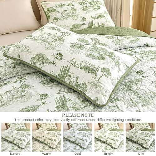 Drucon Sage Green Farmhouse Quilt Set King Size, Spring Toile Rustic Bedspreads, 3 Pieces Village Landscape Printed Coverlet, Soft Microfiber Quilt Bedding Set for All Season (106x90 Inch) - Image 7