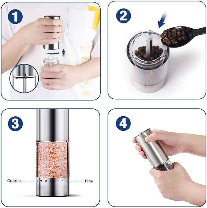 HomeHacks Upgraded Larger Capacity Electric Salt and Pepper Grinder Set, Rechargeable Type-C with LED Light, Stainless Steel Automatic & 6 Adjustable Coarseness, Ideal as Mothers Day Gifts - Image 5