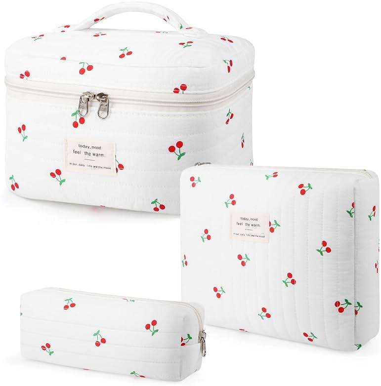 Givurao 3Pcs Cotton Quilted Makeup Bag for Women Girls, Large Floral Cosmetic Bag Set Cute Makeup Brushes Aesthetic Accessories Storage Bag Cherry Travel Toiletry Bag Organizer - Image 1