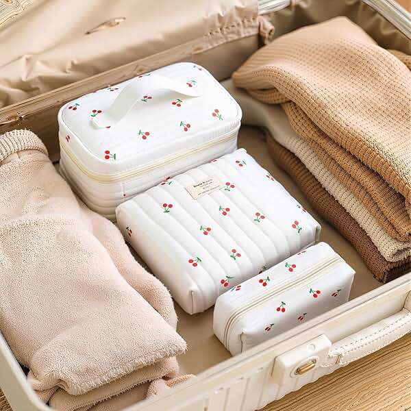 Givurao 3Pcs Cotton Quilted Makeup Bag for Women Girls, Large Floral Cosmetic Bag Set Cute Makeup Brushes Aesthetic Accessories Storage Bag Cherry Travel Toiletry Bag Organizer - Image 2