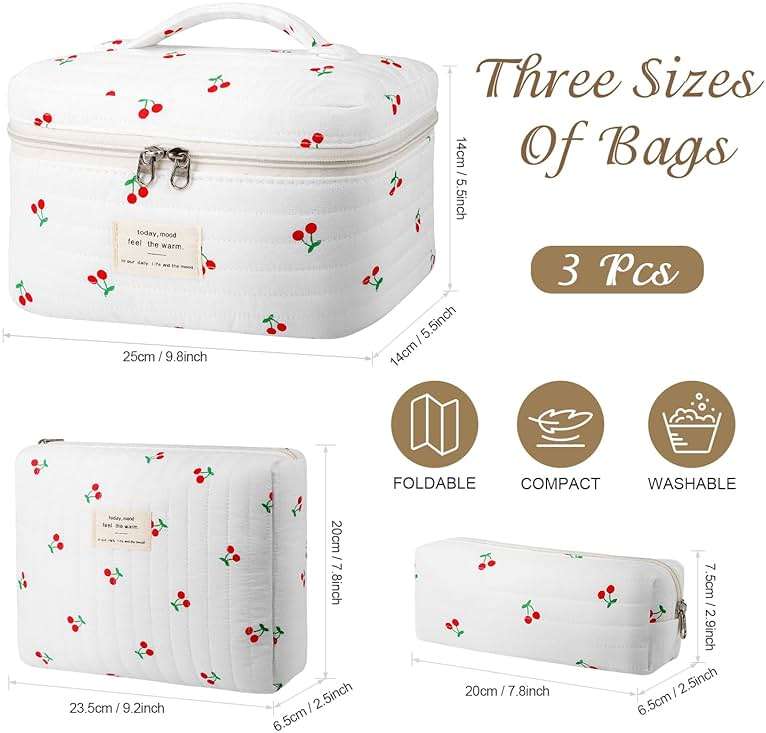 Givurao 3Pcs Cotton Quilted Makeup Bag for Women Girls, Large Floral Cosmetic Bag Set Cute Makeup Brushes Aesthetic Accessories Storage Bag Cherry Travel Toiletry Bag Organizer - Image 3