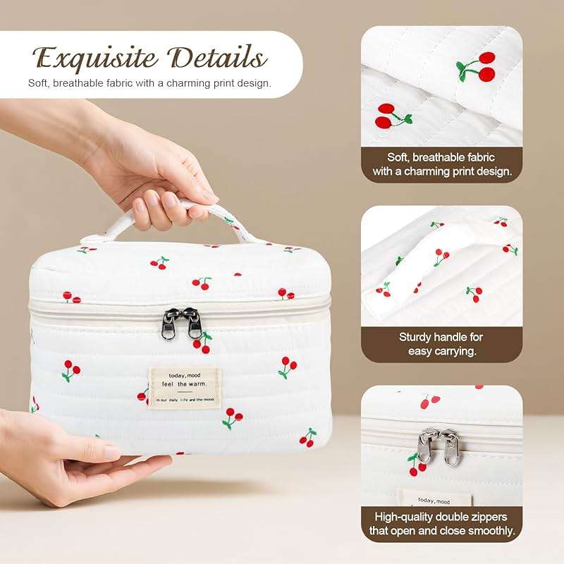 Givurao 3Pcs Cotton Quilted Makeup Bag for Women Girls, Large Floral Cosmetic Bag Set Cute Makeup Brushes Aesthetic Accessories Storage Bag Cherry Travel Toiletry Bag Organizer - Image 4