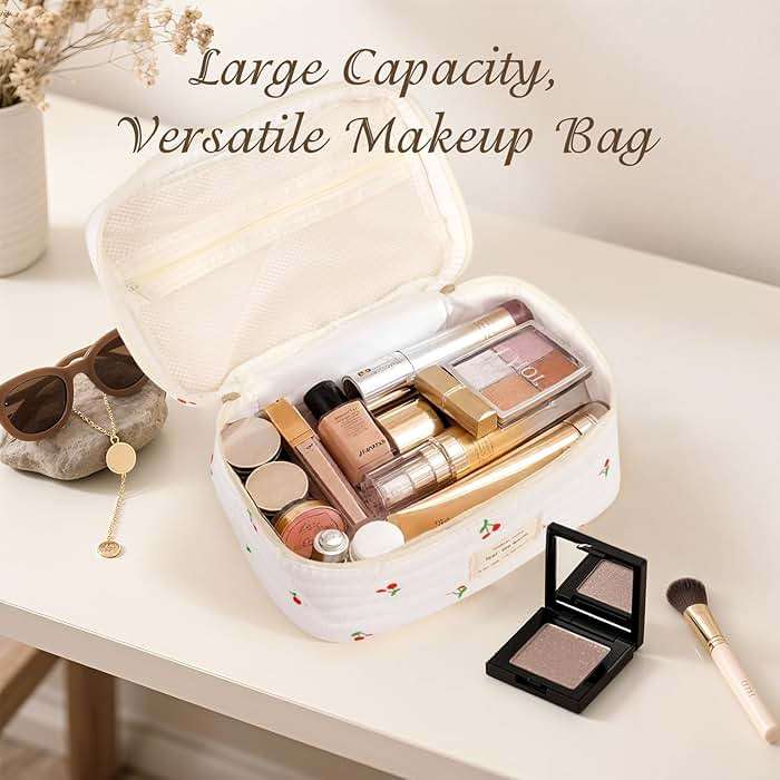 Givurao 3Pcs Cotton Quilted Makeup Bag for Women Girls, Large Floral Cosmetic Bag Set Cute Makeup Brushes Aesthetic Accessories Storage Bag Cherry Travel Toiletry Bag Organizer - Image 5