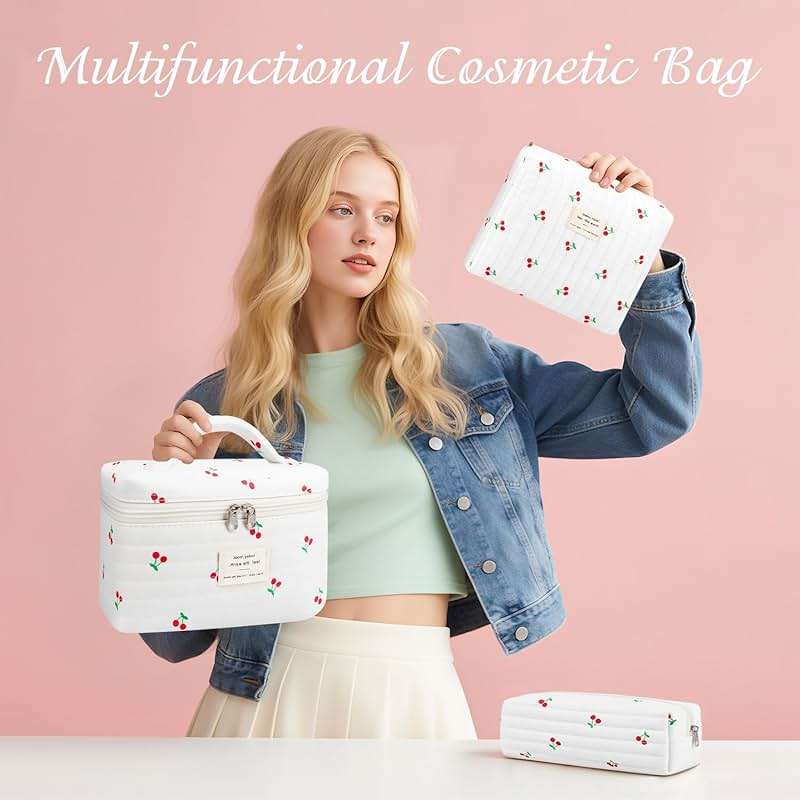Givurao 3Pcs Cotton Quilted Makeup Bag for Women Girls, Large Floral Cosmetic Bag Set Cute Makeup Brushes Aesthetic Accessories Storage Bag Cherry Travel Toiletry Bag Organizer - Image 6
