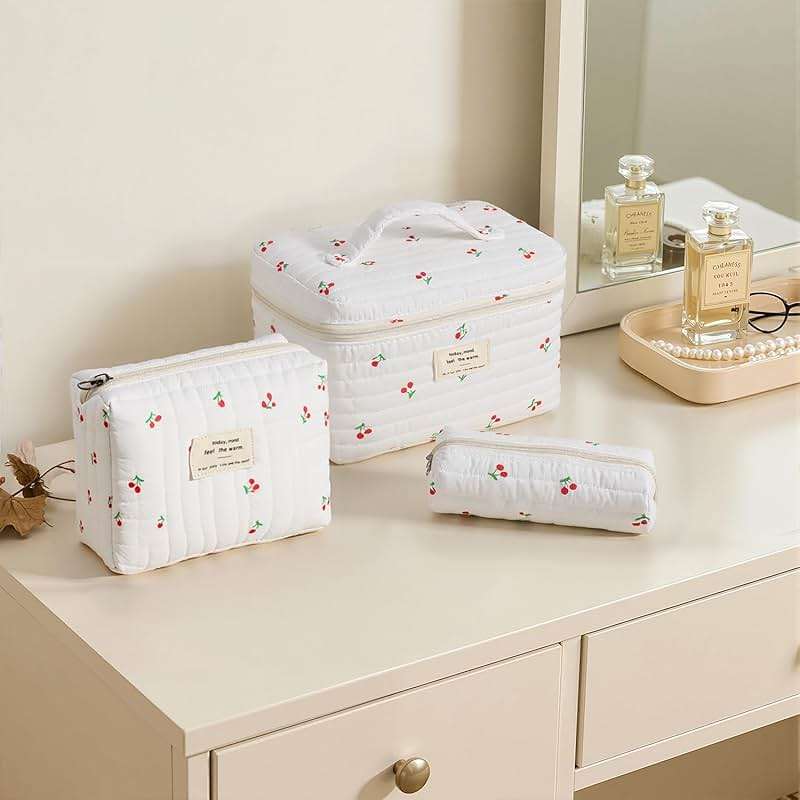 Givurao 3Pcs Cotton Quilted Makeup Bag for Women Girls, Large Floral Cosmetic Bag Set Cute Makeup Brushes Aesthetic Accessories Storage Bag Cherry Travel Toiletry Bag Organizer - Image 7