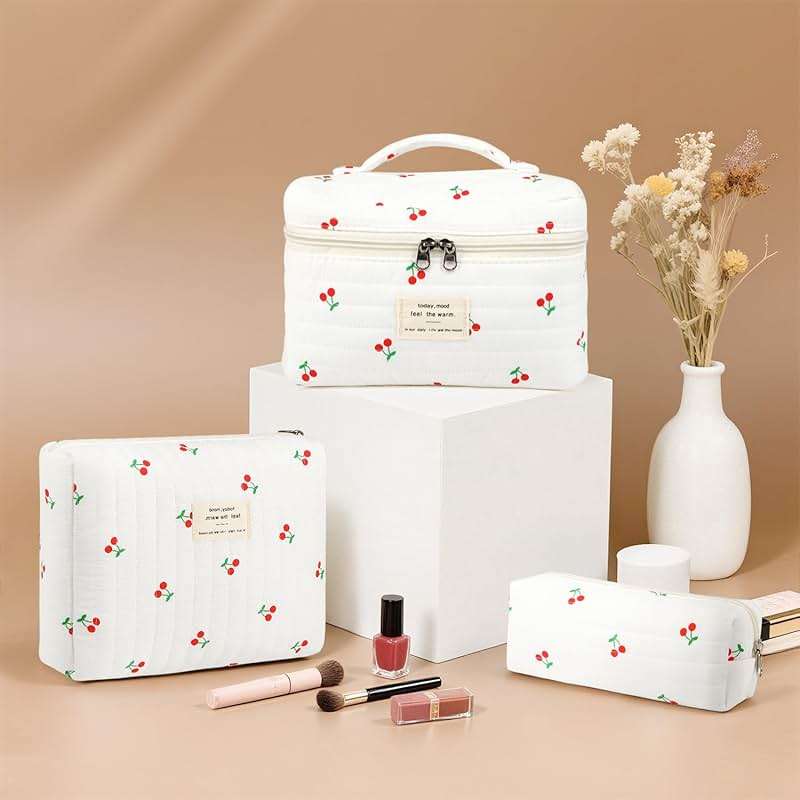 Givurao 3Pcs Cotton Quilted Makeup Bag for Women Girls, Large Floral Cosmetic Bag Set Cute Makeup Brushes Aesthetic Accessories Storage Bag Cherry Travel Toiletry Bag Organizer - Image 8