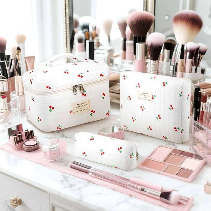 Givurao 3Pcs Cotton Quilted Makeup Bag for Women Girls, Large Floral Cosmetic Bag Set Cute Makeup Brushes Aesthetic Accessories Storage Bag Cherry Travel Toiletry Bag Organizer - Image 9