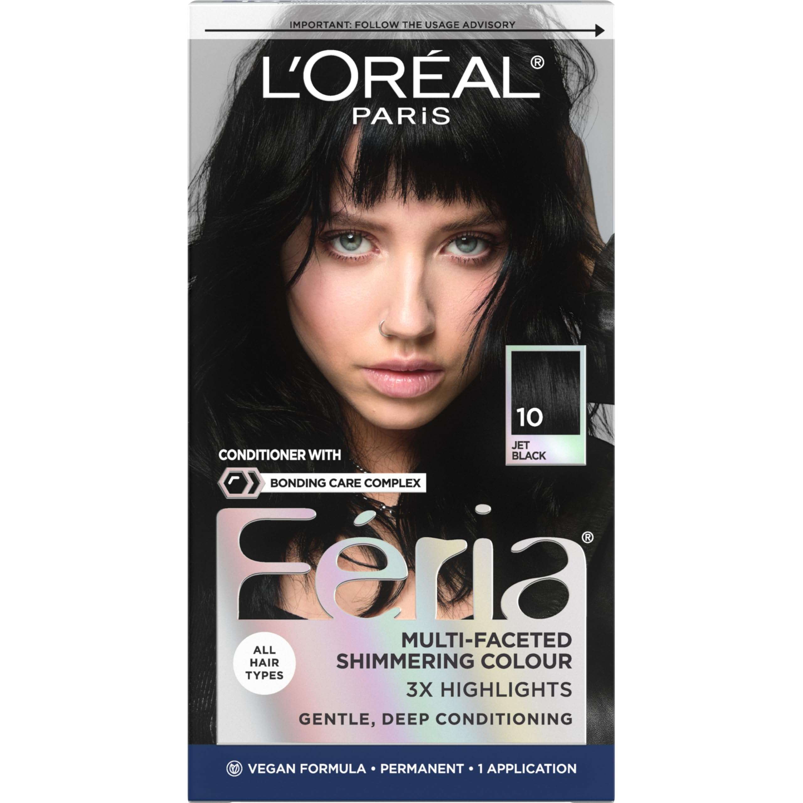 L’Oreal Paris Feria Multi-Faceted Shimmering Permanent Hair Color, High Intensity Hair Dye for 3X Highlights, 10 Jet Black (Blackest Black), 1 Hair Dye Kit - Image 1