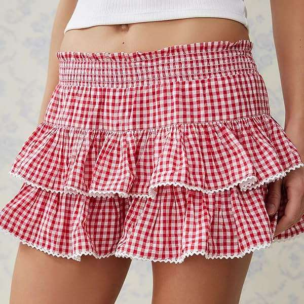 Womens Gingham Skirt Halloween Costume Elastic Waist Ruffle Layered Plaid Mini Skirt Dorothy Dress Fancy Lace Trim - Image 4
