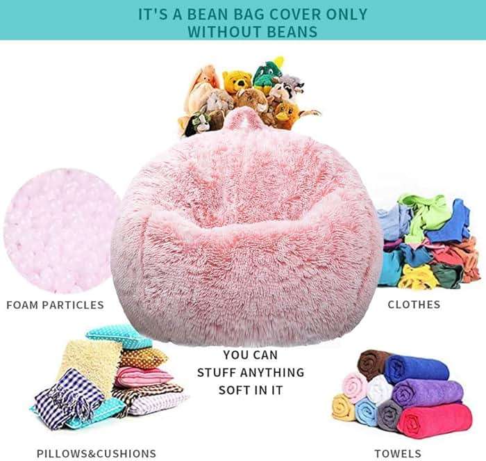 Fluffy Stuffed Animal Storage Bean Bag Chair Cover (No Filler), Faux Fur Comfy Bean Bag Cover for Organizing Plush Toys or Textile, for Adults Teens Kids Girls,Dusty Pink - Image 3