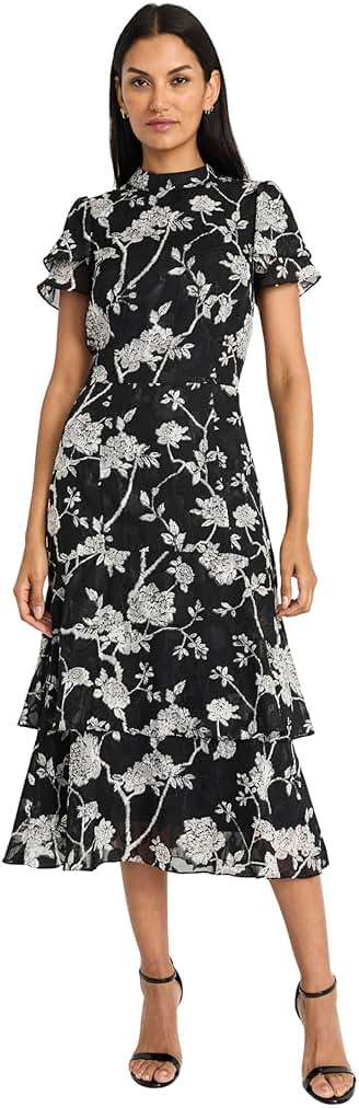 Maggy London Women's Women's Elegant Midi Dress - Ruffled Sleeves - High Neck - Tiered Skirt - Versatile Cocktail Dress - Image 1