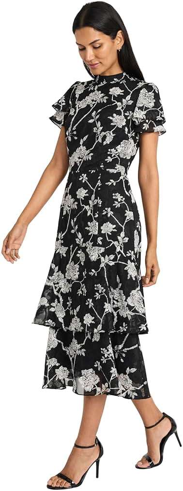 Maggy London Women's Women's Elegant Midi Dress - Ruffled Sleeves - High Neck - Tiered Skirt - Versatile Cocktail Dress - Image 2
