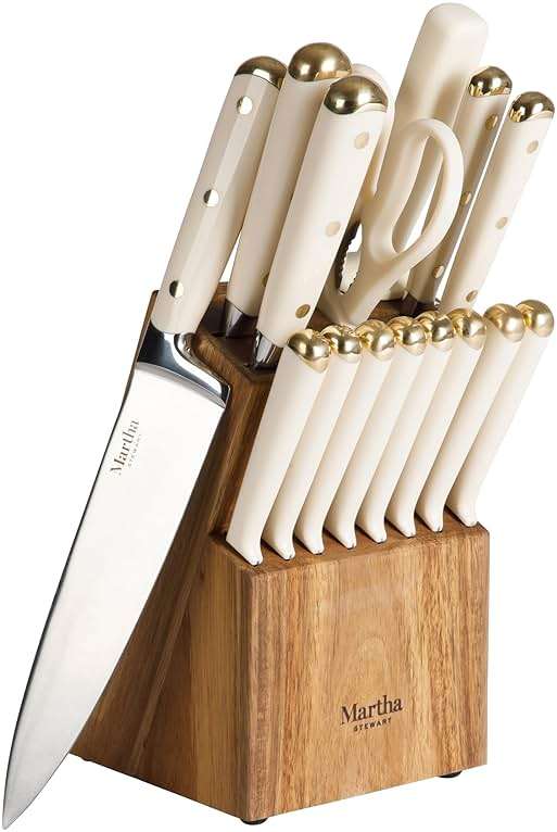 Martha Stewart Knife Block Set 16-Piece - Lockton High Carbon Stainless Steel Forged Full Tang Chef Knives, Acacia Wood Block, Triple Riveted Handles, Linen White & Gold - Image 1