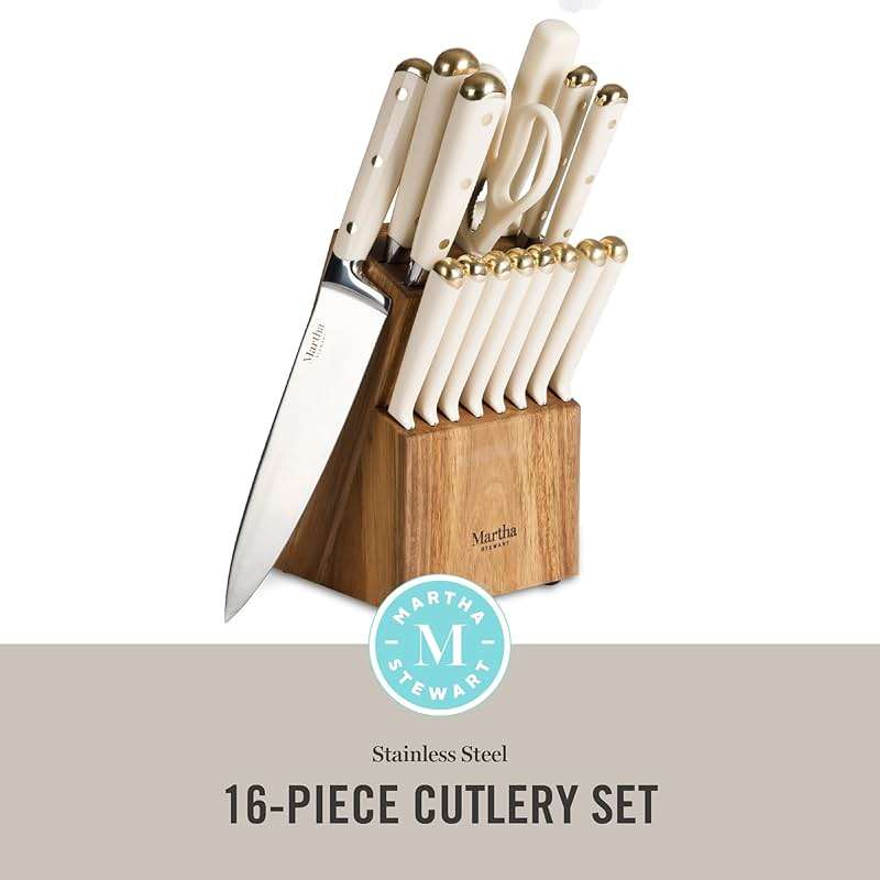 Martha Stewart Knife Block Set 16-Piece - Lockton High Carbon Stainless Steel Forged Full Tang Chef Knives, Acacia Wood Block, Triple Riveted Handles, Linen White & Gold - Image 2