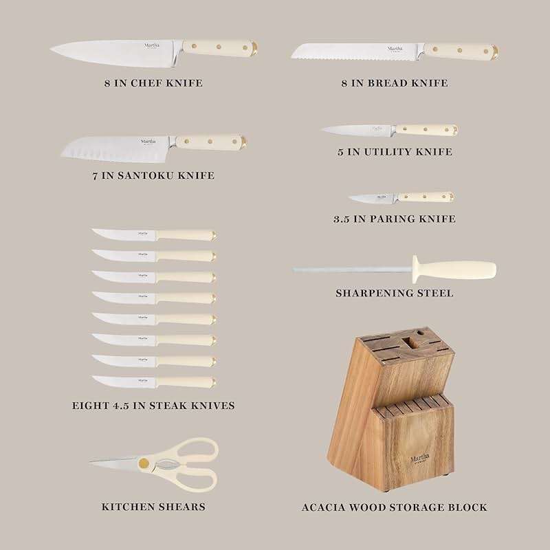 Martha Stewart Knife Block Set 16-Piece - Lockton High Carbon Stainless Steel Forged Full Tang Chef Knives, Acacia Wood Block, Triple Riveted Handles, Linen White & Gold - Image 3