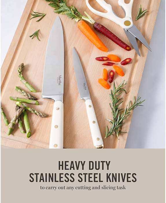 Martha Stewart Knife Block Set 16-Piece - Lockton High Carbon Stainless Steel Forged Full Tang Chef Knives, Acacia Wood Block, Triple Riveted Handles, Linen White & Gold - Image 4