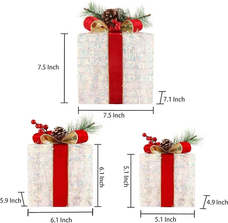 Fulong's Opulent Christmas Lighted Gift Boxes Decor Set of Three Pre-lit LED Presents | Warm White Garden, Porch, Room Decor & Tree Skirt Ornaments | Indoor 60 Lights Set - Image 2