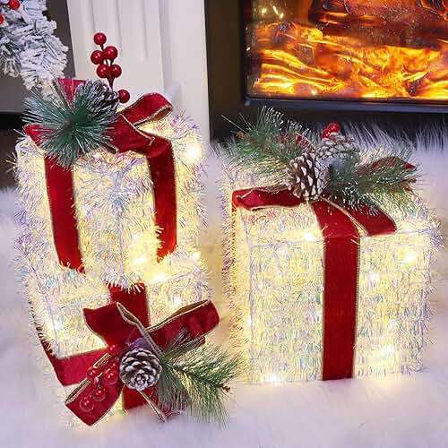 Fulong's Opulent Christmas Lighted Gift Boxes Decor Set of Three Pre-lit LED Presents | Warm White Garden, Porch, Room Decor & Tree Skirt Ornaments | Indoor 60 Lights Set - Image 3