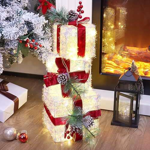 Fulong's Opulent Christmas Lighted Gift Boxes Decor Set of Three Pre-lit LED Presents | Warm White Garden, Porch, Room Decor & Tree Skirt Ornaments | Indoor 60 Lights Set - Image 4