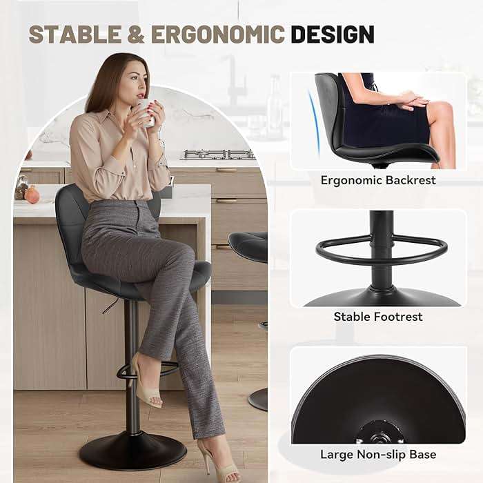 Nebuaegis Bar Stools Set of 2, Modern Faux Leather Adjustable Swivel Barstools, Counter Height Chairs with Back and Footrest for Kitchen Island, Black - Image 3