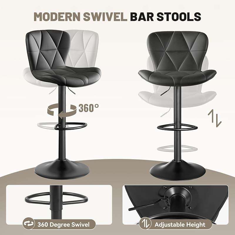 Nebuaegis Bar Stools Set of 2, Modern Faux Leather Adjustable Swivel Barstools, Counter Height Chairs with Back and Footrest for Kitchen Island, Black - Image 4