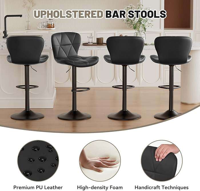Nebuaegis Bar Stools Set of 2, Modern Faux Leather Adjustable Swivel Barstools, Counter Height Chairs with Back and Footrest for Kitchen Island, Black - Image 5