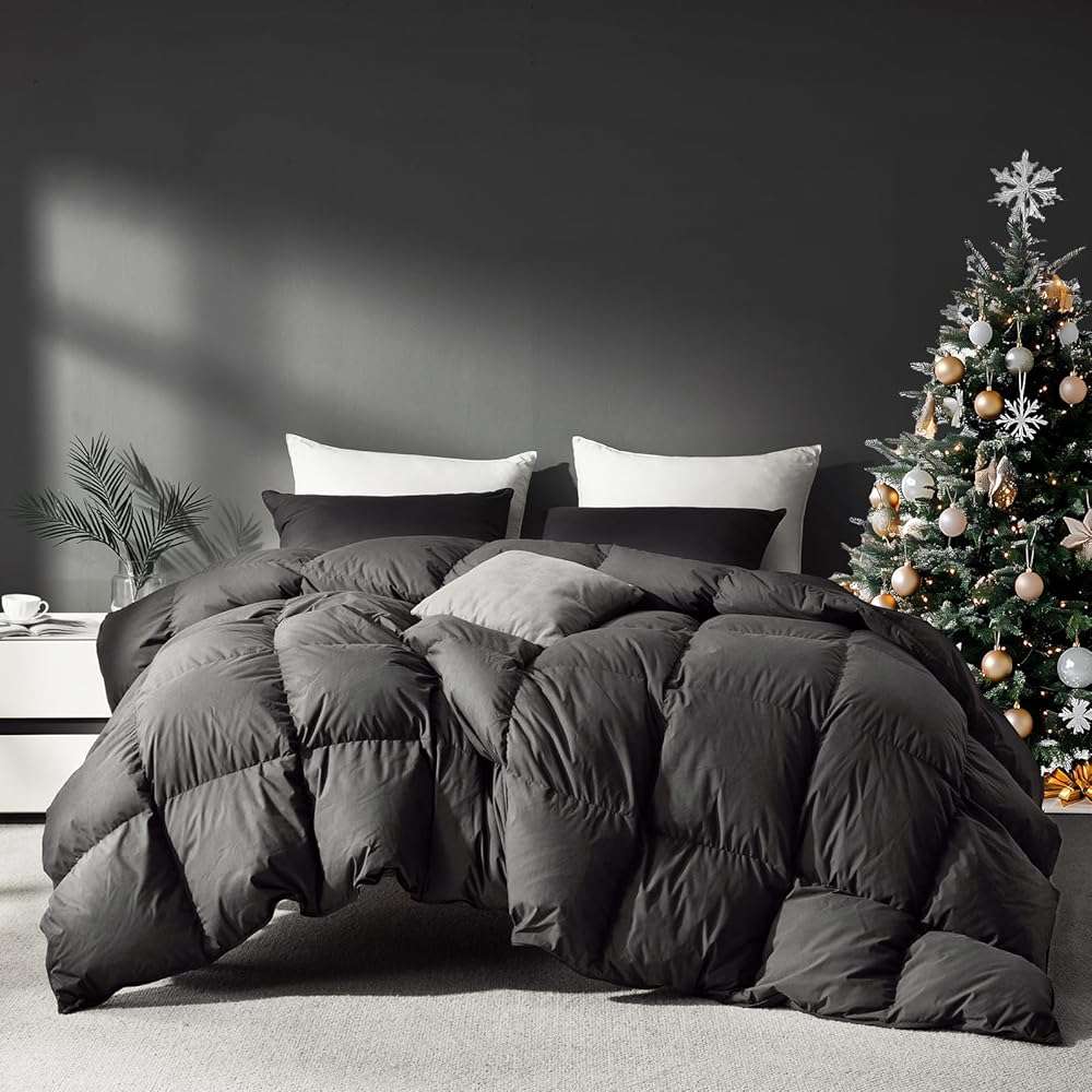 Saisier Grey Goose Feather Down Comforter Queen Size, Premium All Season Duvet Insert, 750+ Fill Power 1200TC Cotton Blend Fabric Hotel Style Comforter, 42 Oz Lightweight (90x90, Dark Grey) - Image 1