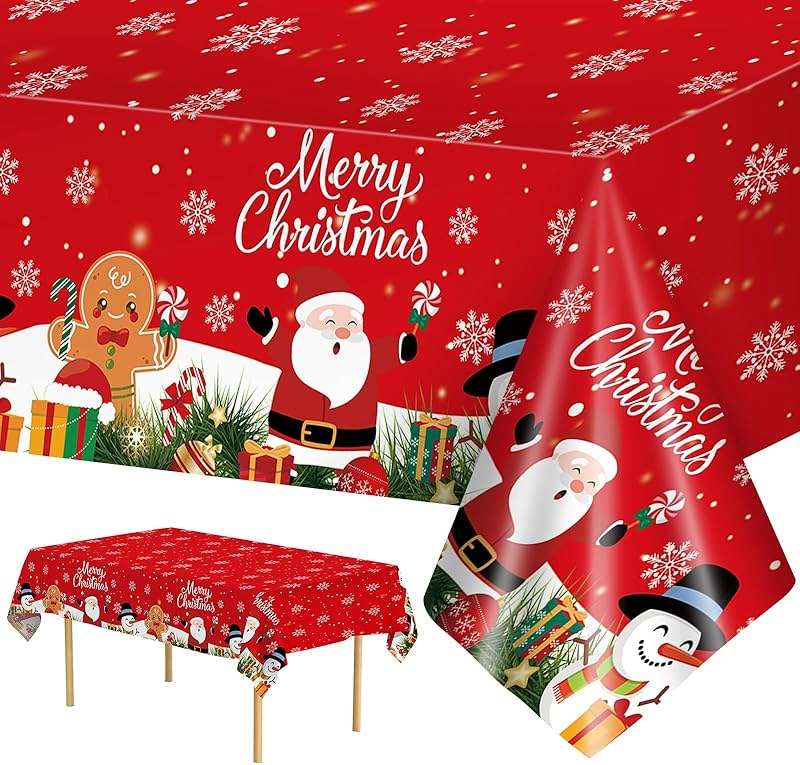 2 Pcs Christmas Tablecloth - Plastic Merry Christmas Table Cloth, Red Disposable Rectangle Cute Santa Claus Snowman Xmas Table Cover for Christma Party Decorations Favors Tables Decor, 108 x 54 Inch - Image 1