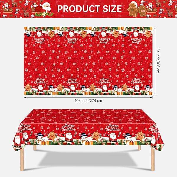 2 Pcs Christmas Tablecloth - Plastic Merry Christmas Table Cloth, Red Disposable Rectangle Cute Santa Claus Snowman Xmas Table Cover for Christma Party Decorations Favors Tables Decor, 108 x 54 Inch - Image 3