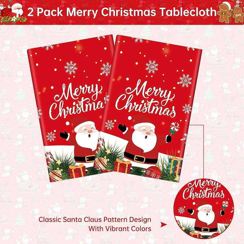 2 Pcs Christmas Tablecloth - Plastic Merry Christmas Table Cloth, Red Disposable Rectangle Cute Santa Claus Snowman Xmas Table Cover for Christma Party Decorations Favors Tables Decor, 108 x 54 Inch - Image 4
