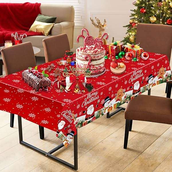 2 Pcs Christmas Tablecloth - Plastic Merry Christmas Table Cloth, Red Disposable Rectangle Cute Santa Claus Snowman Xmas Table Cover for Christma Party Decorations Favors Tables Decor, 108 x 54 Inch - Image 6