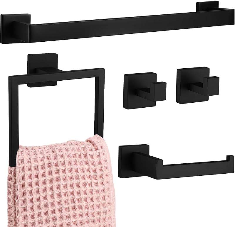 Gisafai 5 Pcs Bathroom Hardware Accessories Set 23.6 Inch Bath Towel Bar Kit Stainless Steel Bathroom Hardware Set Towel Racks Ring Hooks Paper Holder for Wall Mounted (Black) - Image 1