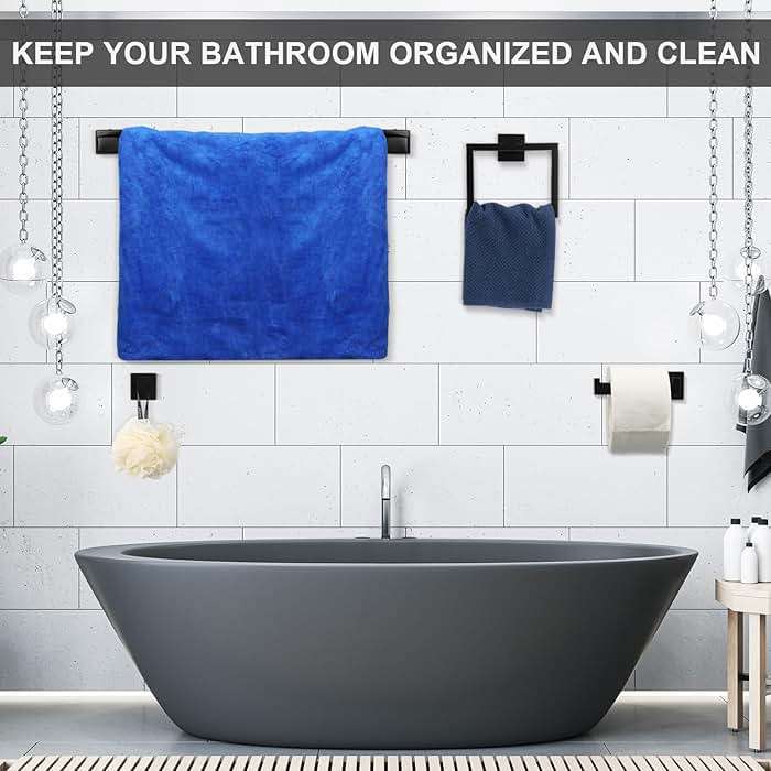 Gisafai 5 Pcs Bathroom Hardware Accessories Set 23.6 Inch Bath Towel Bar Kit Stainless Steel Bathroom Hardware Set Towel Racks Ring Hooks Paper Holder for Wall Mounted (Black) - Image 5
