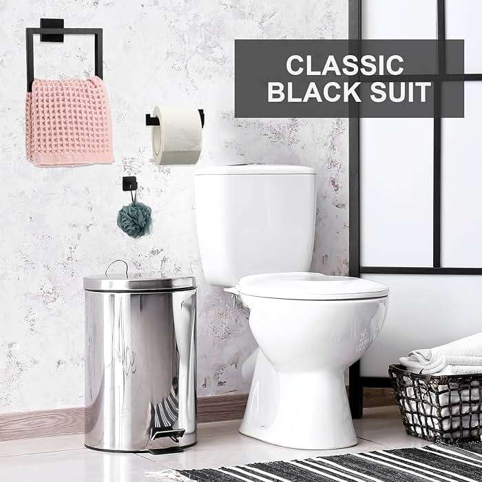 Gisafai 5 Pcs Bathroom Hardware Accessories Set 23.6 Inch Bath Towel Bar Kit Stainless Steel Bathroom Hardware Set Towel Racks Ring Hooks Paper Holder for Wall Mounted (Black) - Image 6
