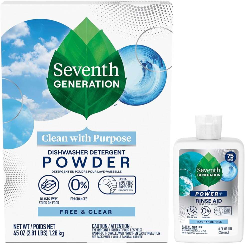 Seventh Generation Dishwasher Detergent Powder + Rinse Aid, Free and Clear, Biodegradable, Plant-Based & Fragrance-Free, Septic Safe - Image 1