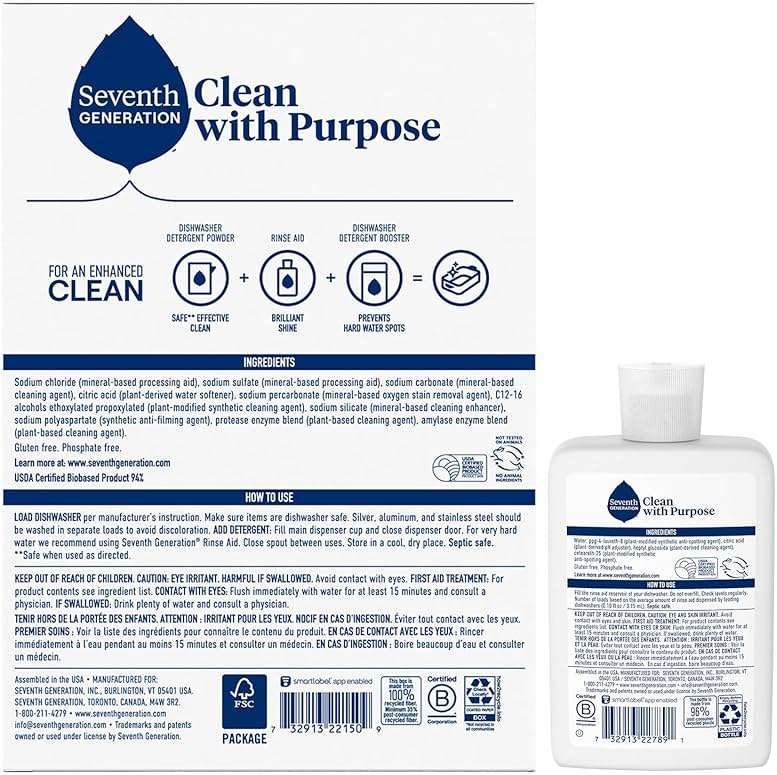 Seventh Generation Dishwasher Detergent Powder + Rinse Aid, Free and Clear, Biodegradable, Plant-Based & Fragrance-Free, Septic Safe - Image 2