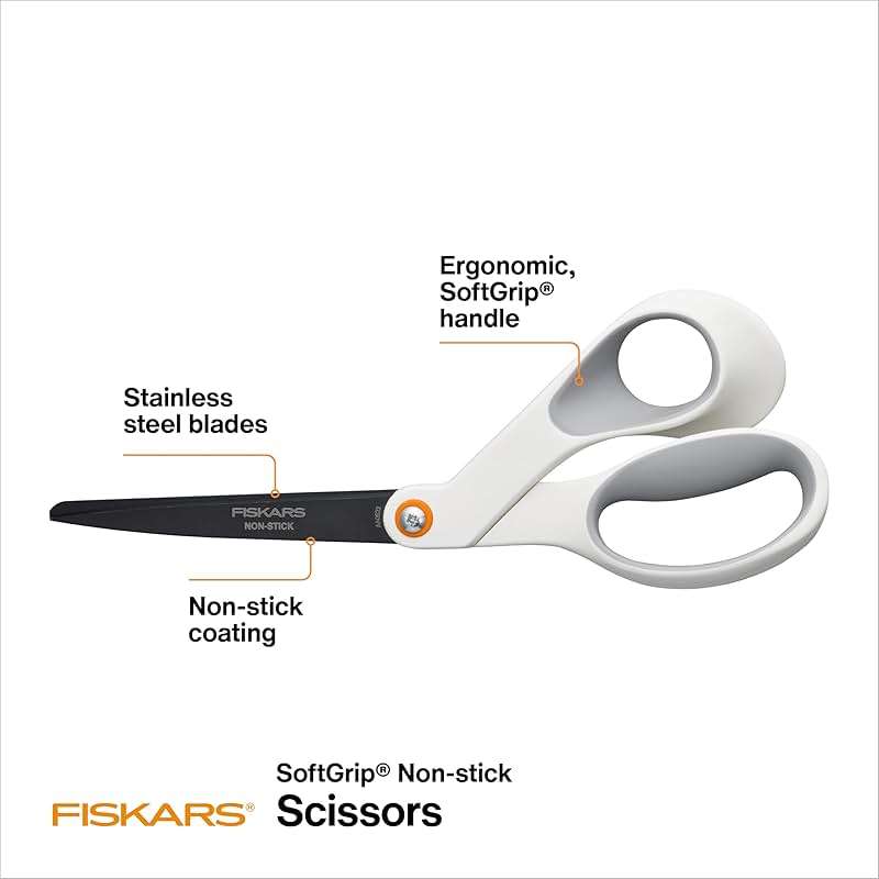 Fiskars 8” Premium Non-Stick Comfort Grip Scissors Ideal for Sticky Materials like Vinyl, Tape, and Glue, with Ergonomic Bent Handles for Precise Tabletop Cutting - Image 4