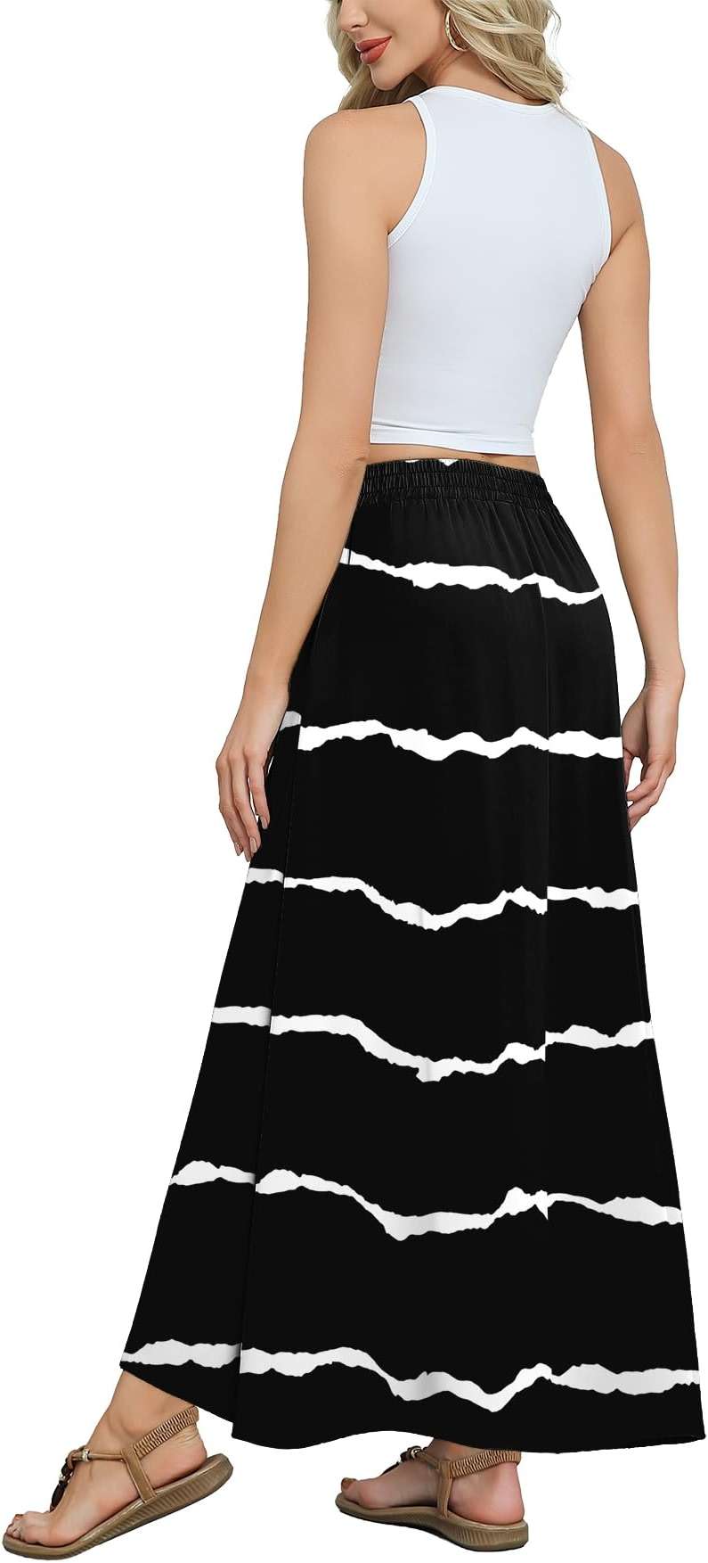 Askyes Womens Maxi Skirt Summer Trendy Tie Knot Elastic High Waisted Boho Casual Beach Flowy Swing Long Skirts with Pockets - Image 2