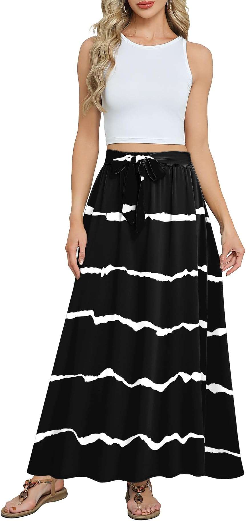 Askyes Womens Maxi Skirt Summer Trendy Tie Knot Elastic High Waisted Boho Casual Beach Flowy Swing Long Skirts with Pockets - Image 4