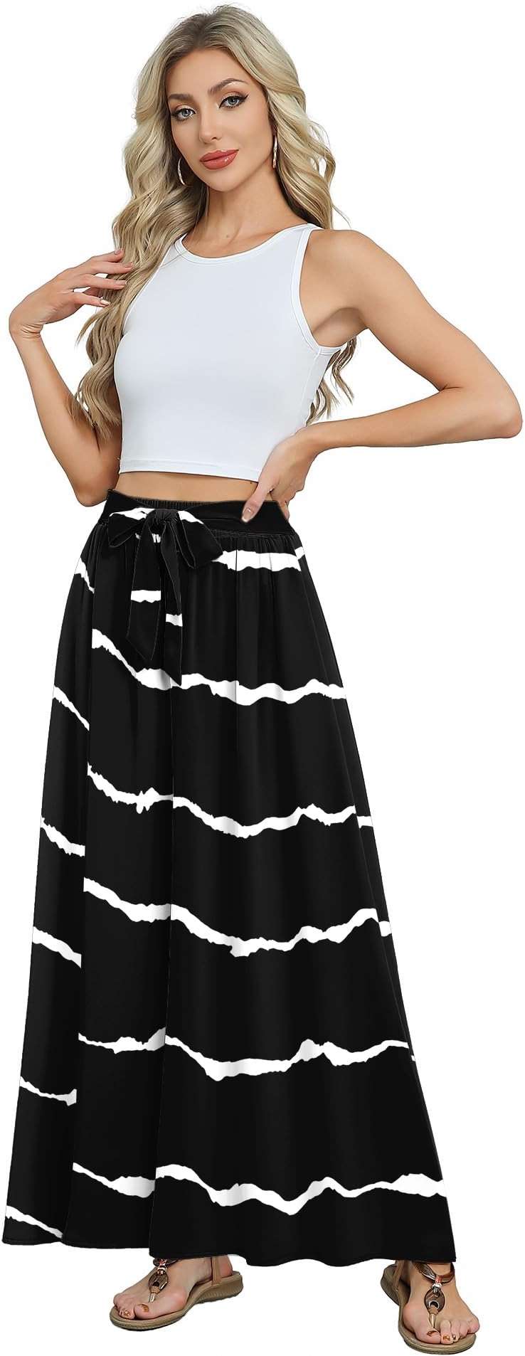 Askyes Womens Maxi Skirt Summer Trendy Tie Knot Elastic High Waisted Boho Casual Beach Flowy Swing Long Skirts with Pockets - Image 5