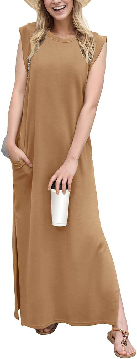 GRECERELLE 2026 Women Year-Round Casual Round Neck Loose Split Wrinkle-Free Long Maxi Vacation Dress with Pockets (XXS-4XL) - Image 1