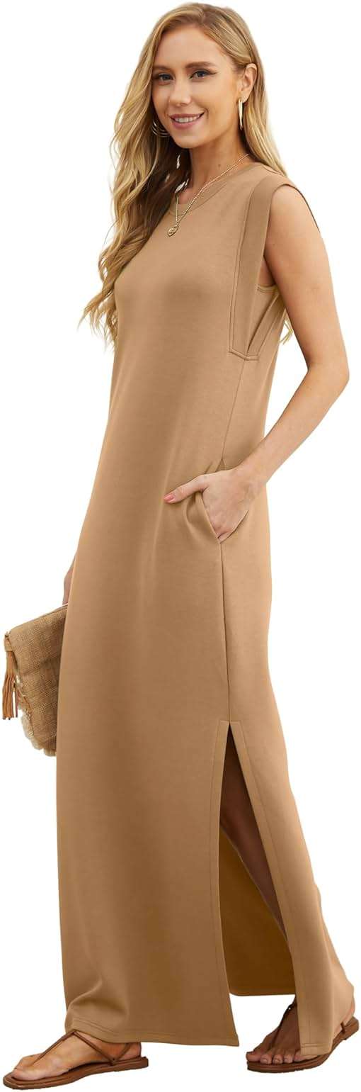 GRECERELLE 2026 Women Year-Round Casual Round Neck Loose Split Wrinkle-Free Long Maxi Vacation Dress with Pockets (XXS-4XL) - Image 2