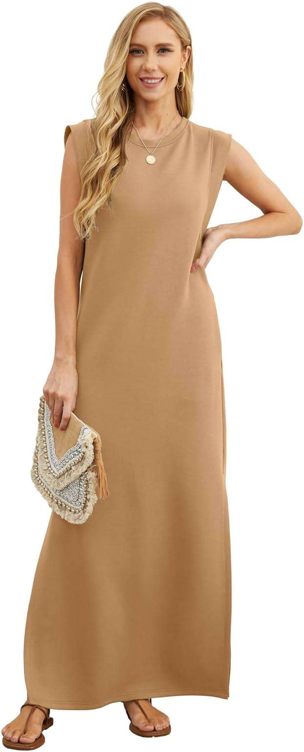 GRECERELLE 2026 Women Year-Round Casual Round Neck Loose Split Wrinkle-Free Long Maxi Vacation Dress with Pockets (XXS-4XL) - Image 3
