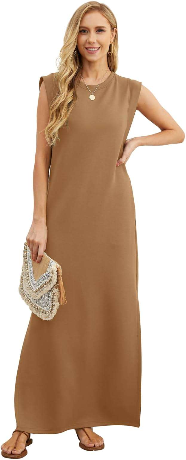 GRECERELLE 2026 Women Year-Round Casual Round Neck Loose Split Wrinkle-Free Long Maxi Vacation Dress with Pockets (XXS-4XL) - Image 4