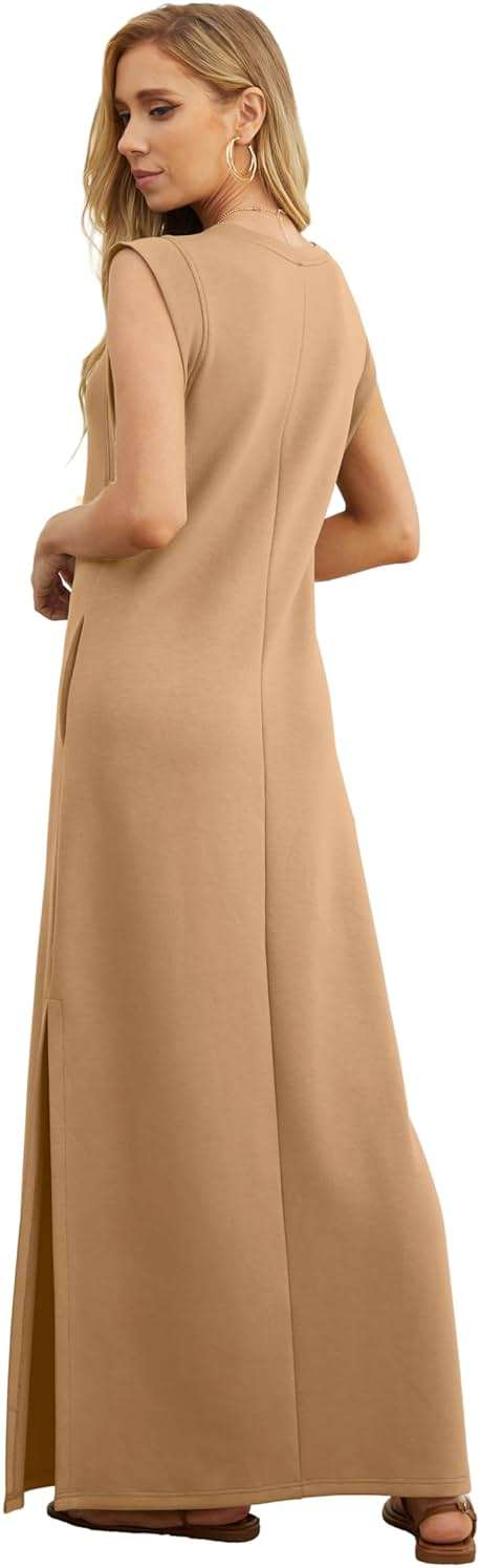GRECERELLE 2026 Women Year-Round Casual Round Neck Loose Split Wrinkle-Free Long Maxi Vacation Dress with Pockets (XXS-4XL) - Image 5