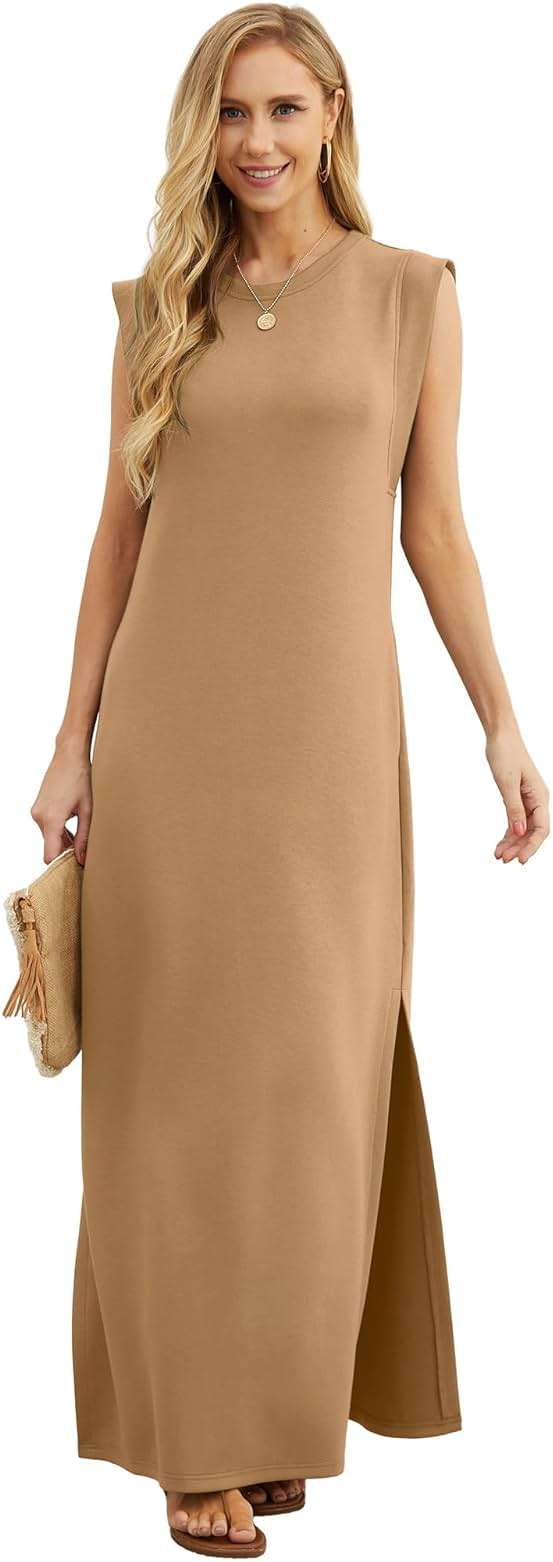 GRECERELLE 2026 Women Year-Round Casual Round Neck Loose Split Wrinkle-Free Long Maxi Vacation Dress with Pockets (XXS-4XL) - Image 6
