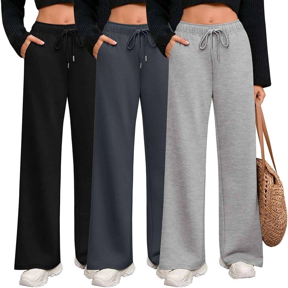 Riyiper 3 Pack Women Wide Leg Sweatpants Drawstring Straight Pants Elastic Waist Joggers Open Bottom Sweatpants with Pockets - Image 1