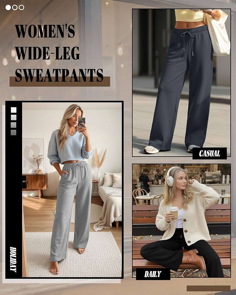 Riyiper 3 Pack Women Wide Leg Sweatpants Drawstring Straight Pants Elastic Waist Joggers Open Bottom Sweatpants with Pockets - Image 2